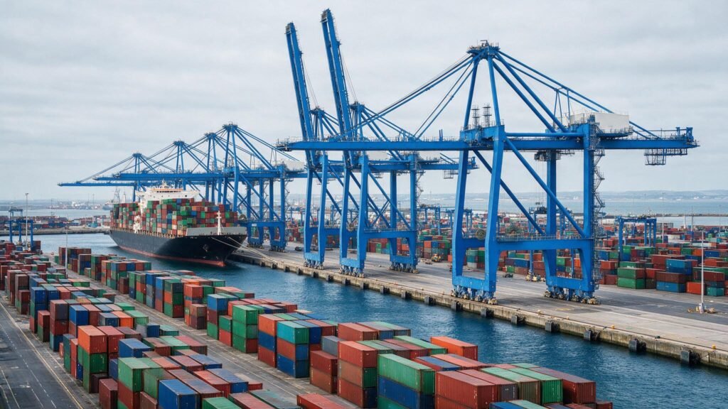 Gantry cranes and shipping containers at a UK port handling rice imports