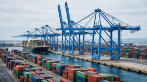Gantry cranes and shipping containers at a UK port handling rice imports