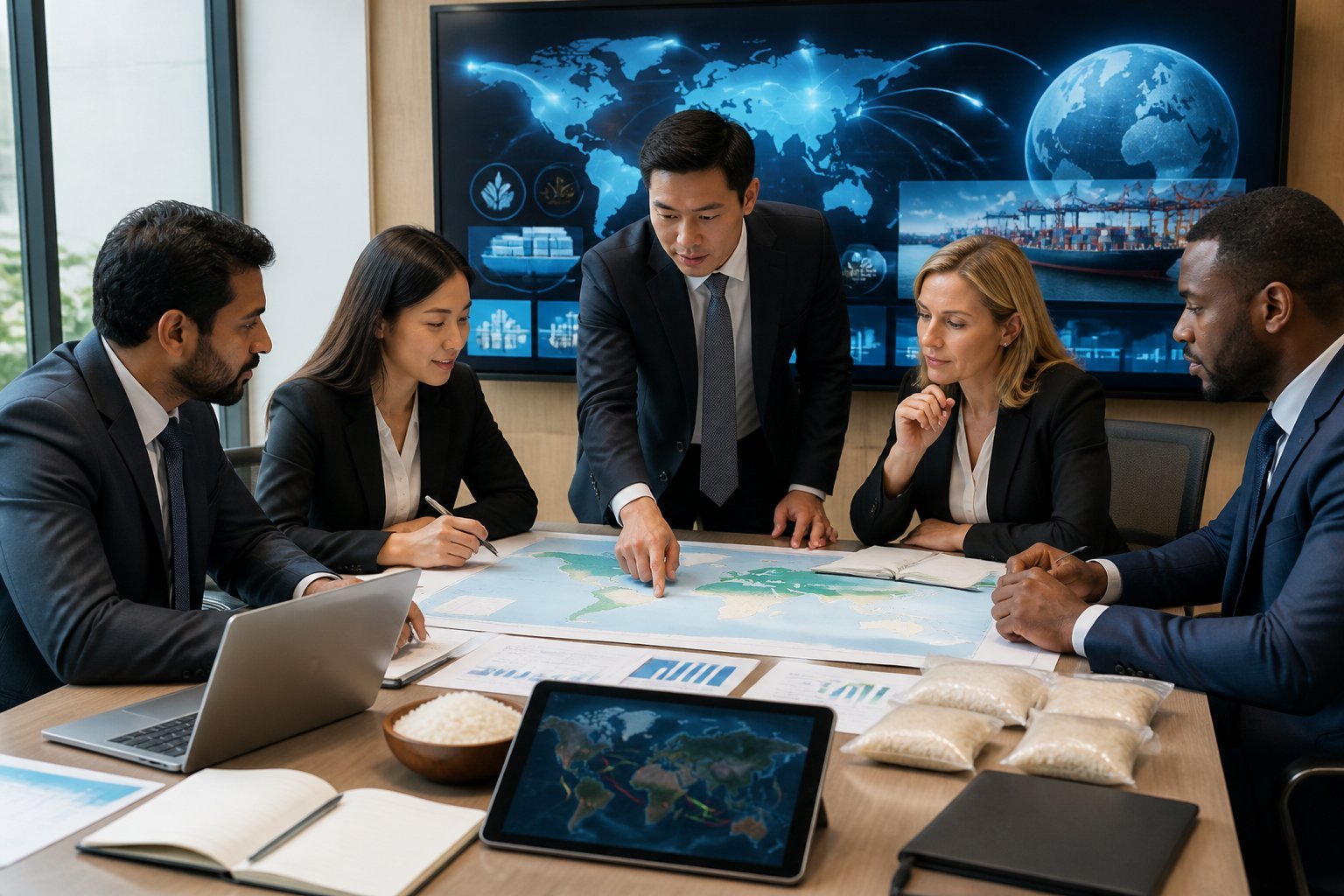 Business professionals meeting around a conference table with documents and a world map related to rice trade.