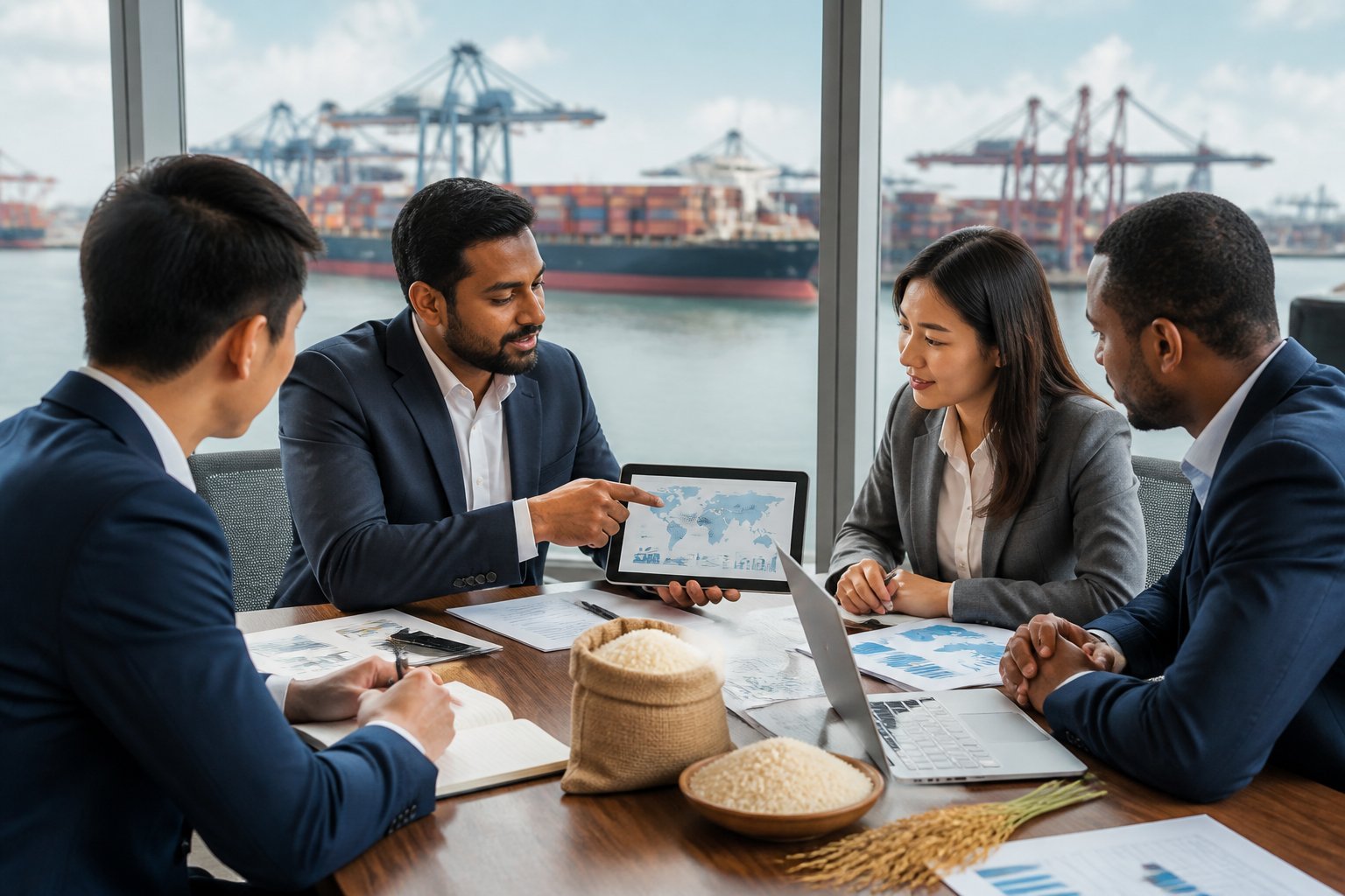 Business professionals discussing rice procurement at a meeting table with shipping containers and cargo ships visible through office windows.