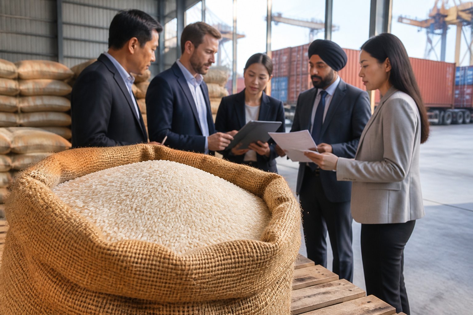 Business professionals discussing rice trade near sacks of rice in a shipping warehouse with containers and cranes in the background.
