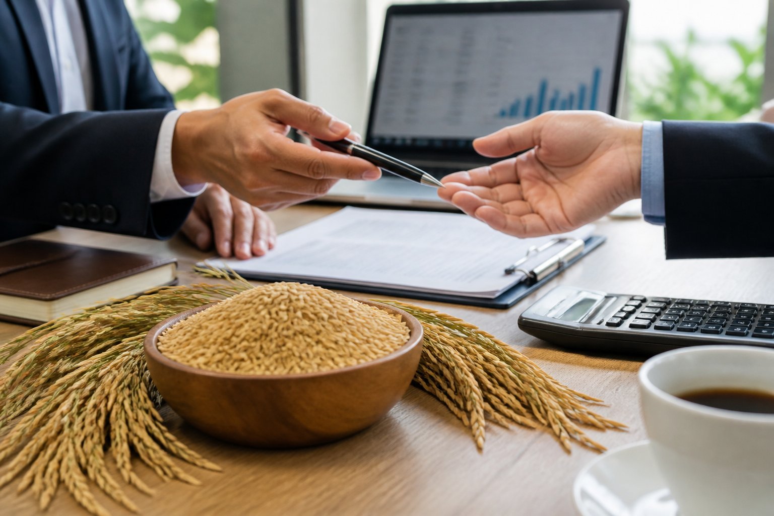 Hands exchanging a pen over financial documents on a table with a bowl of rice and a laptop in the background.