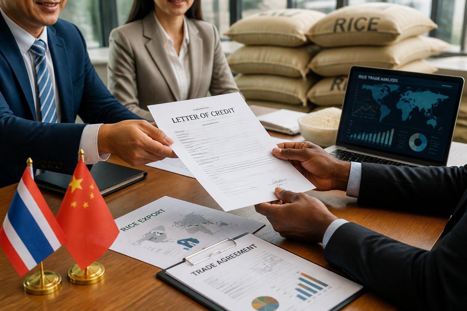 Business professionals exchanging documents at a table with rice sacks in the background, symbolizing trade and financial transactions.