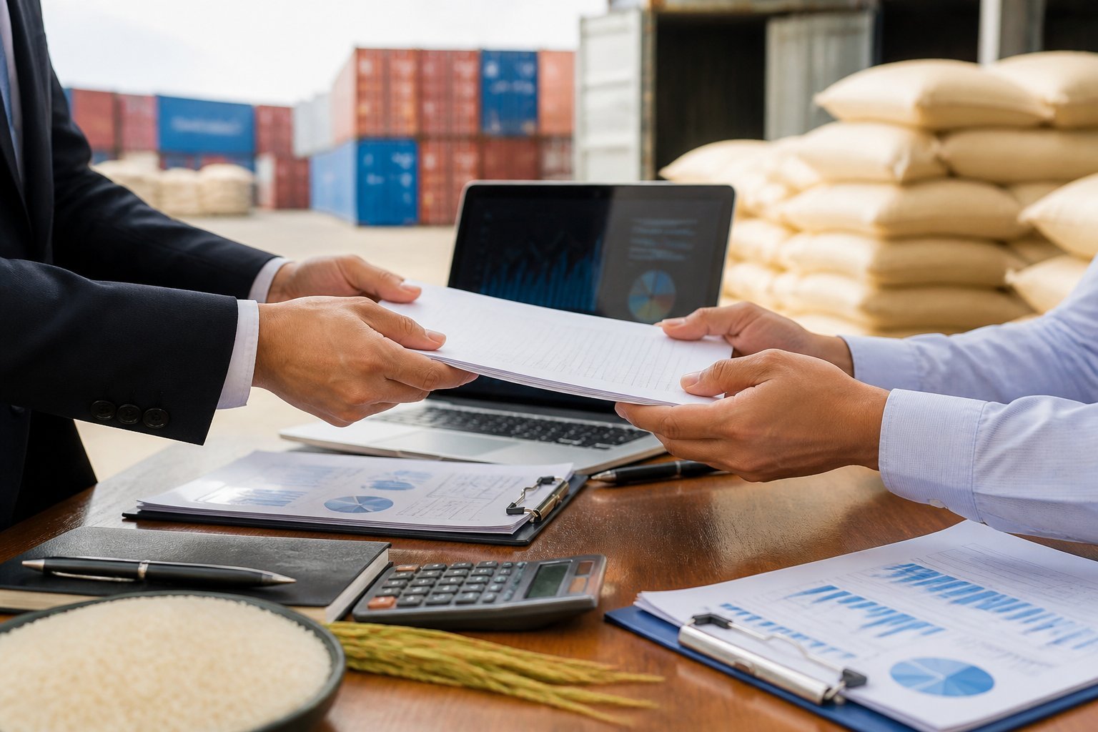 Hands exchanging documents on a desk with rice bags and shipping containers in the background, symbolizing rice trade and financial transactions.
