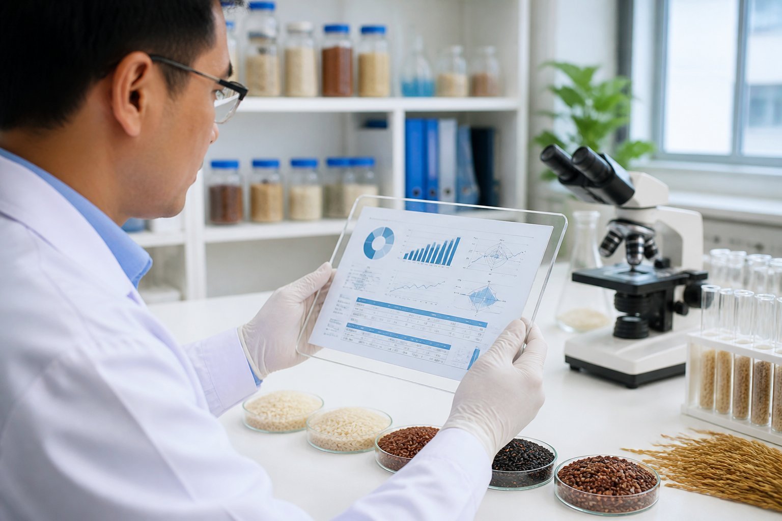 A scientist in a lab coat examining rice samples and data in a laboratory setting with scientific equipment on the table.