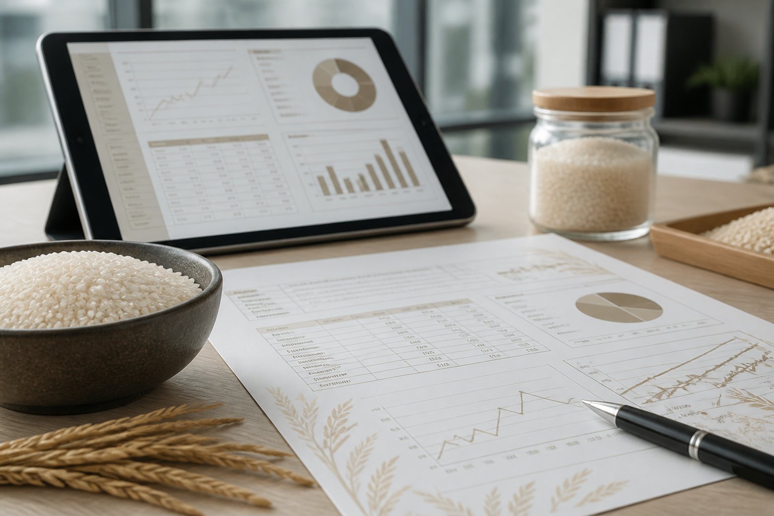 Close-up of a Certificate of Analysis document on a desk with rice grains, a tablet showing data, and a pen nearby.