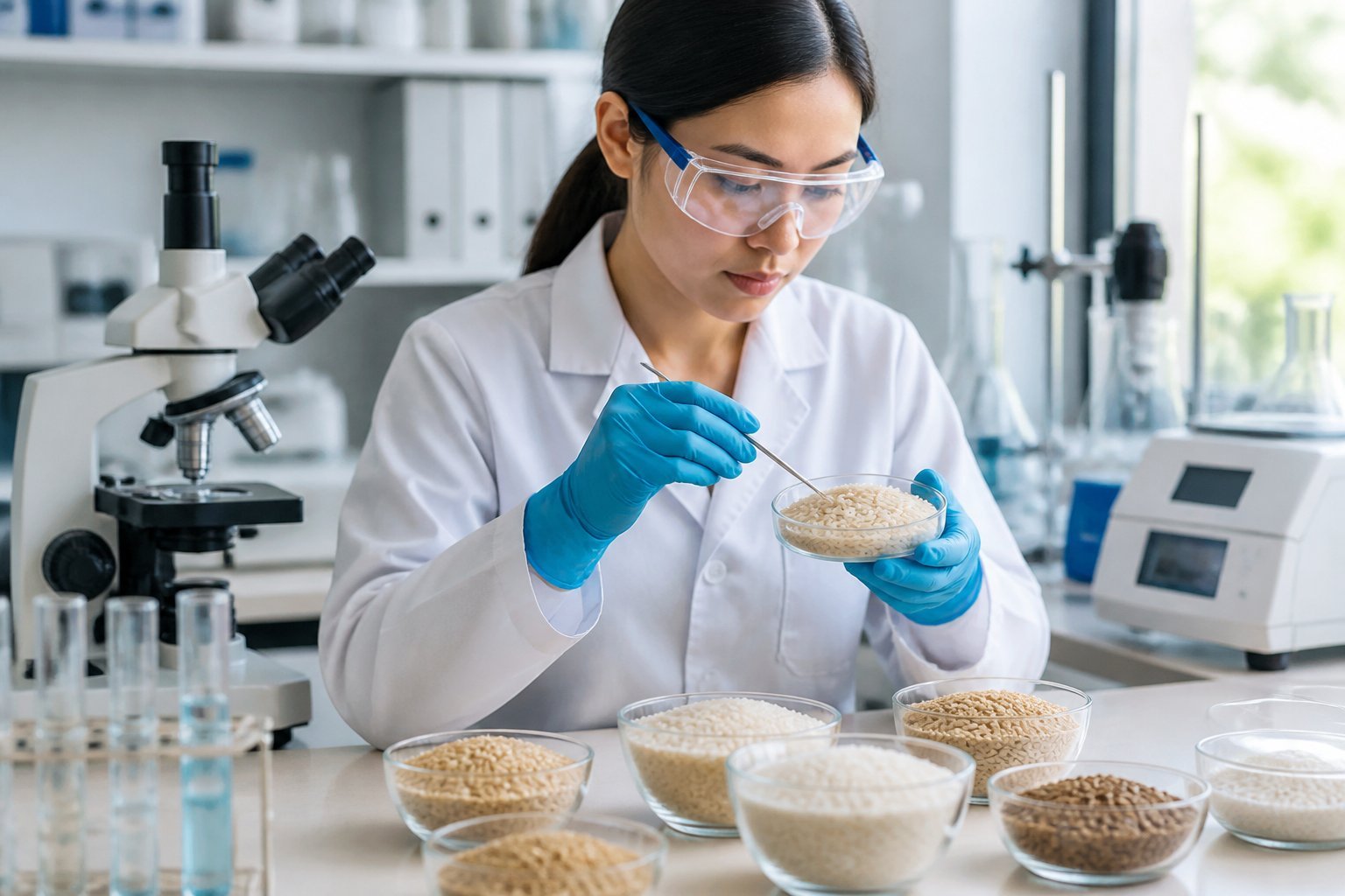 A scientist in a lab coat examining rice samples in glass containers on a laboratory bench with scientific equipment around.