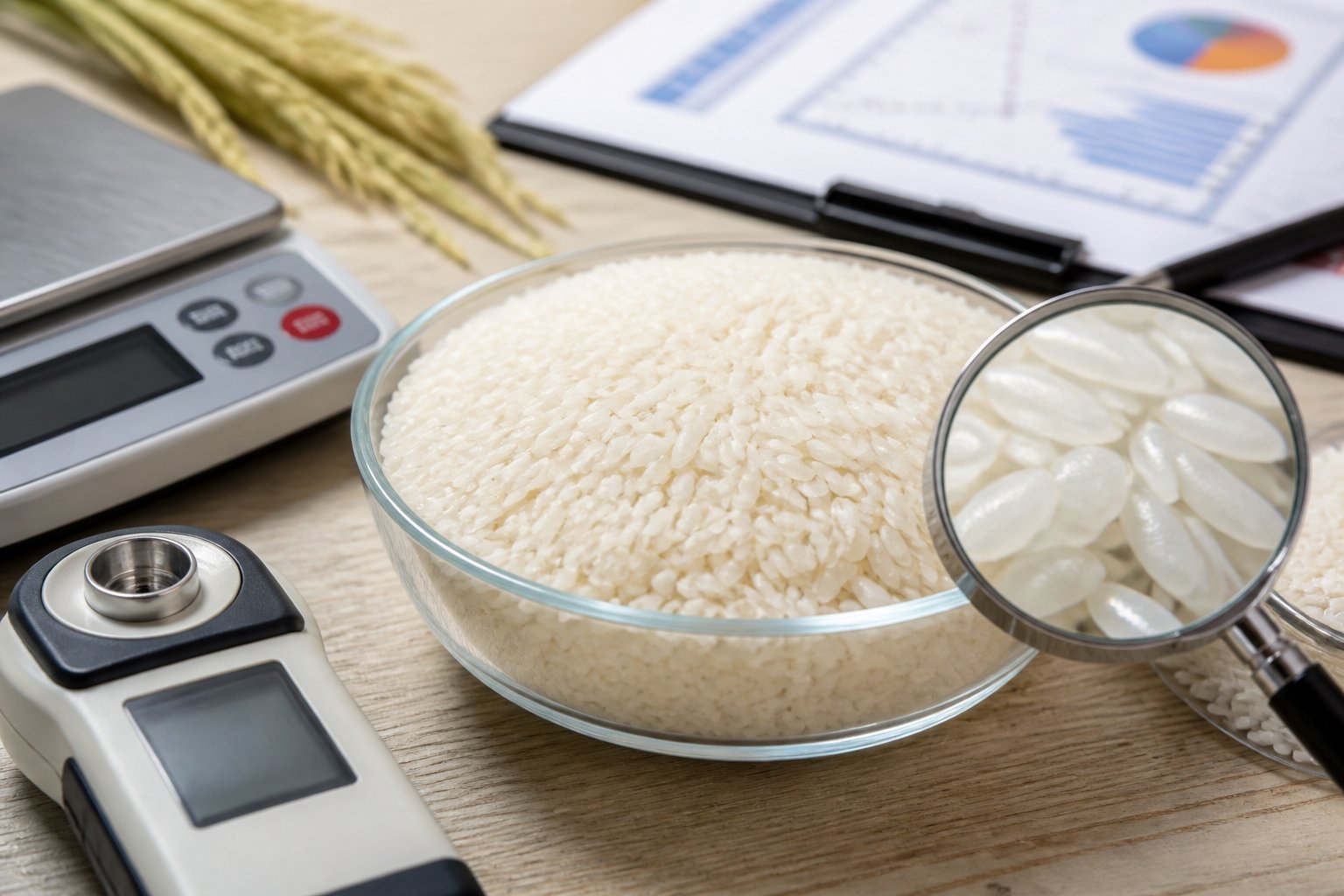 Close-up of a glass bowl filled with white rice grains on a wooden table, surrounded by measuring tools and blurred documents related to rice quality analysis.