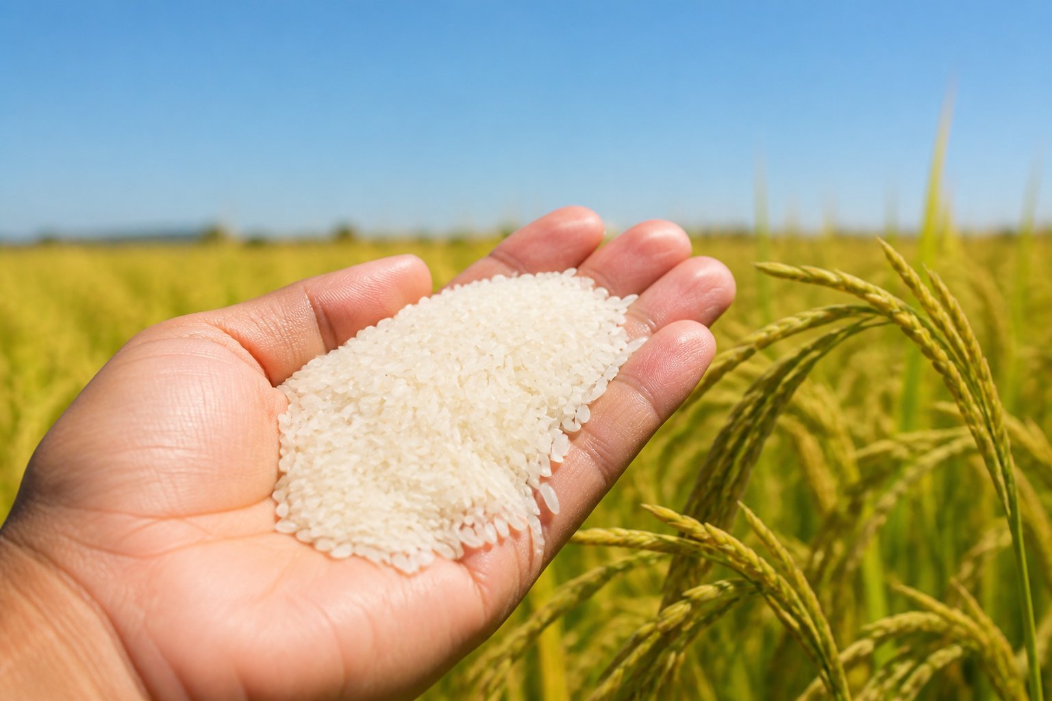 Close-up of a hand holding white rice grains with a rice field in the background.