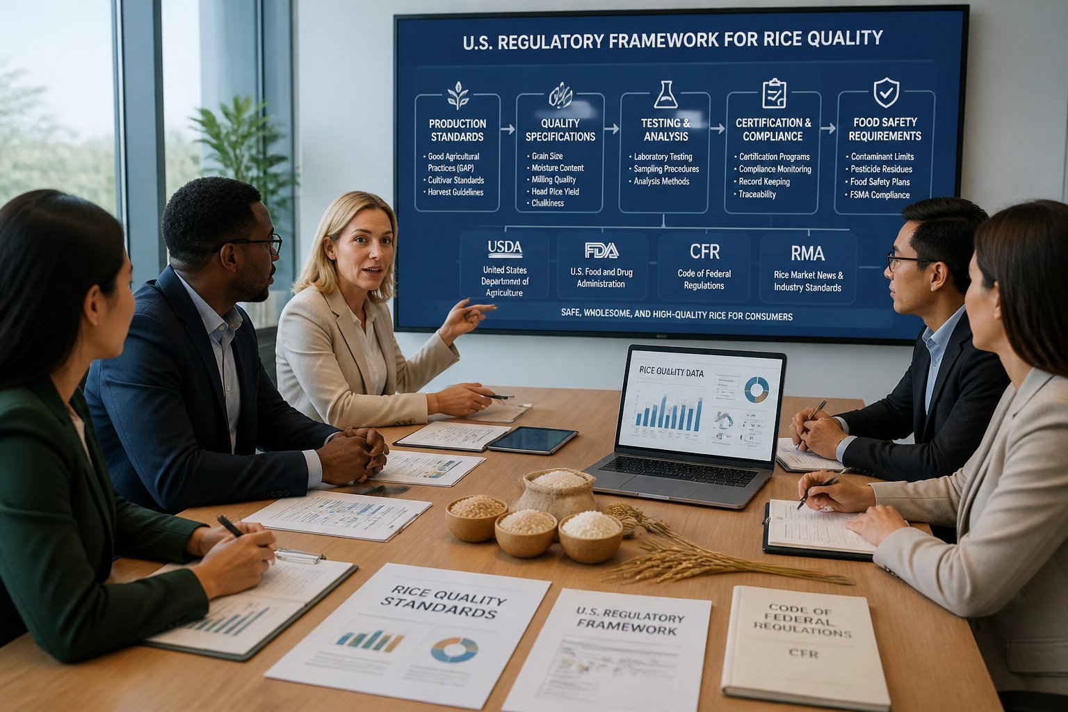 A group of professionals in a meeting room reviewing documents and charts related to rice quality standards with a digital screen displaying regulatory flowcharts in the background.