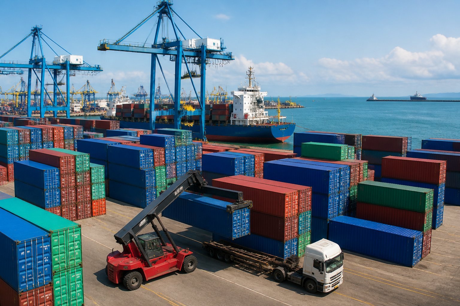 A shipping yard with many stacked rice shipping containers, cranes, and cargo ships at a port under a clear sky.
