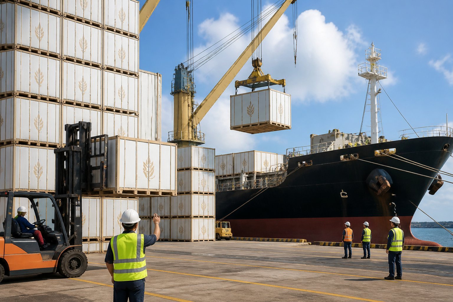A port with large rice shipping containers stacked and a cargo ship being loaded by cranes, with workers in safety gear.