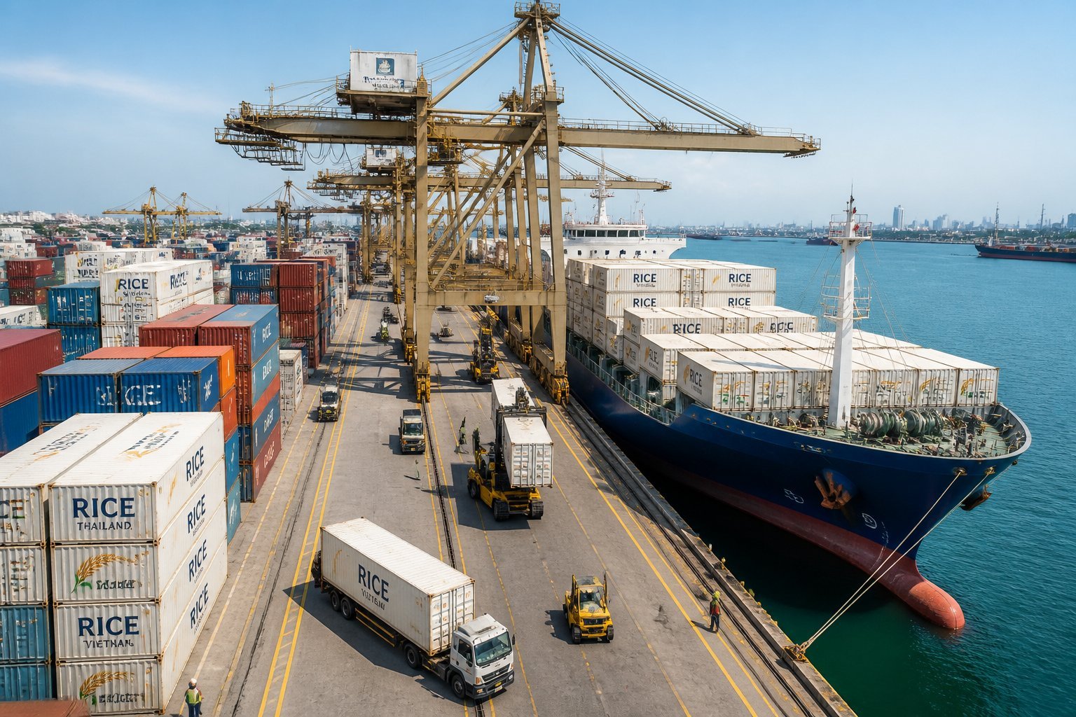 A busy shipping port with colorful containers stacked and cranes loading cargo ships carrying rice containers.