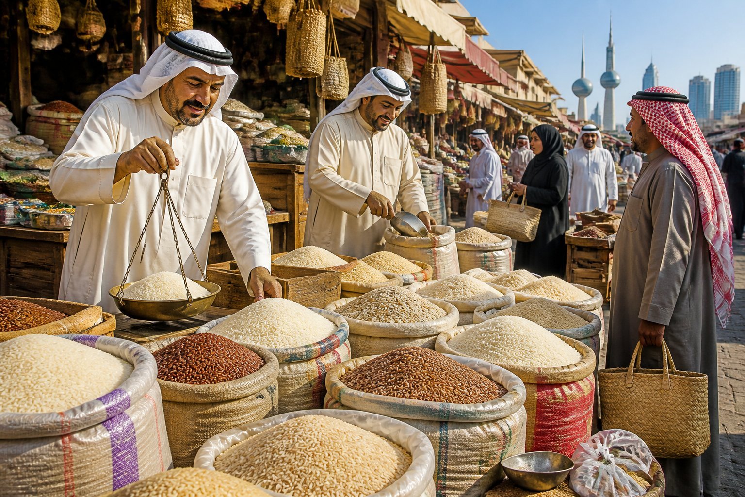 A busy rice market in Kuwait with vendors and customers surrounded by various bags and sacks of rice.
