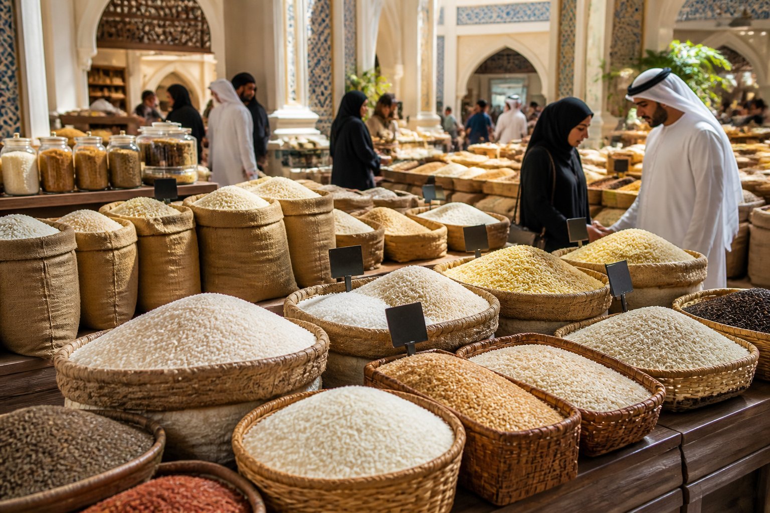 A market scene in Kuwait showing various types of rice displayed in sacks and baskets with shoppers browsing the products.