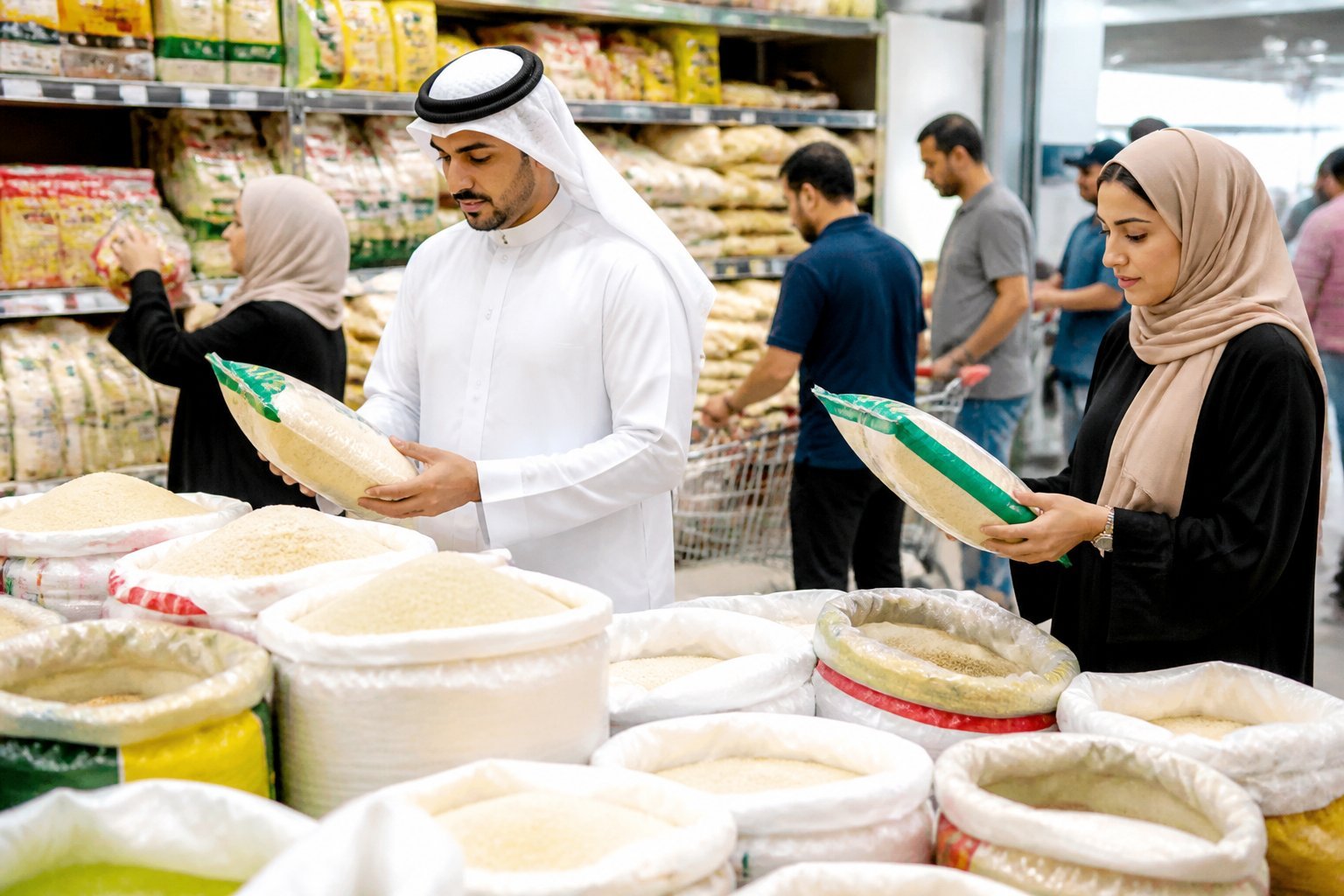 Shoppers in traditional and modern clothing selecting rice products in a busy indoor market with shelves filled with different types of rice.