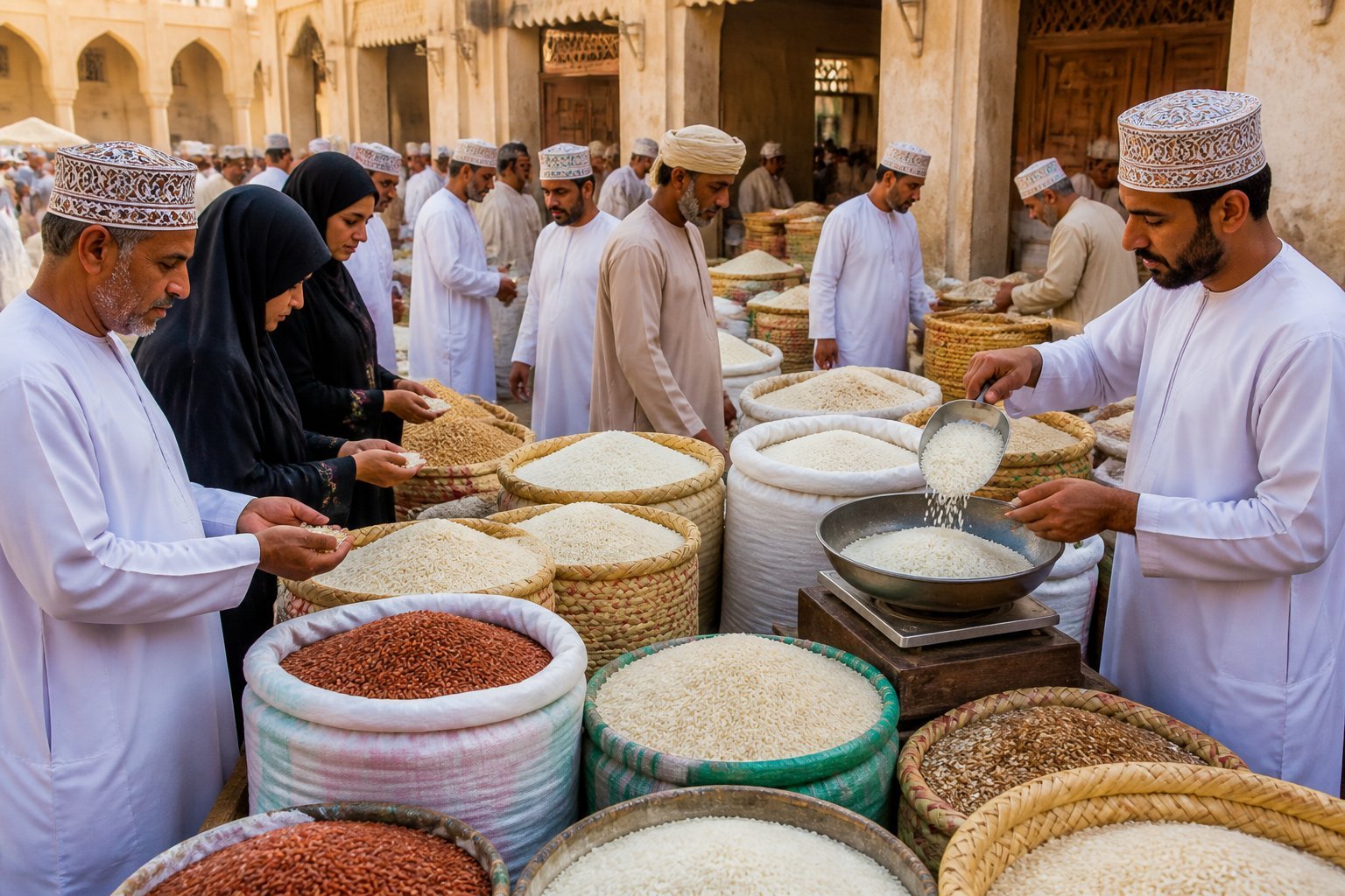 A busy Oman rice market with vendors and customers interacting among sacks of rice in an open-air marketplace.