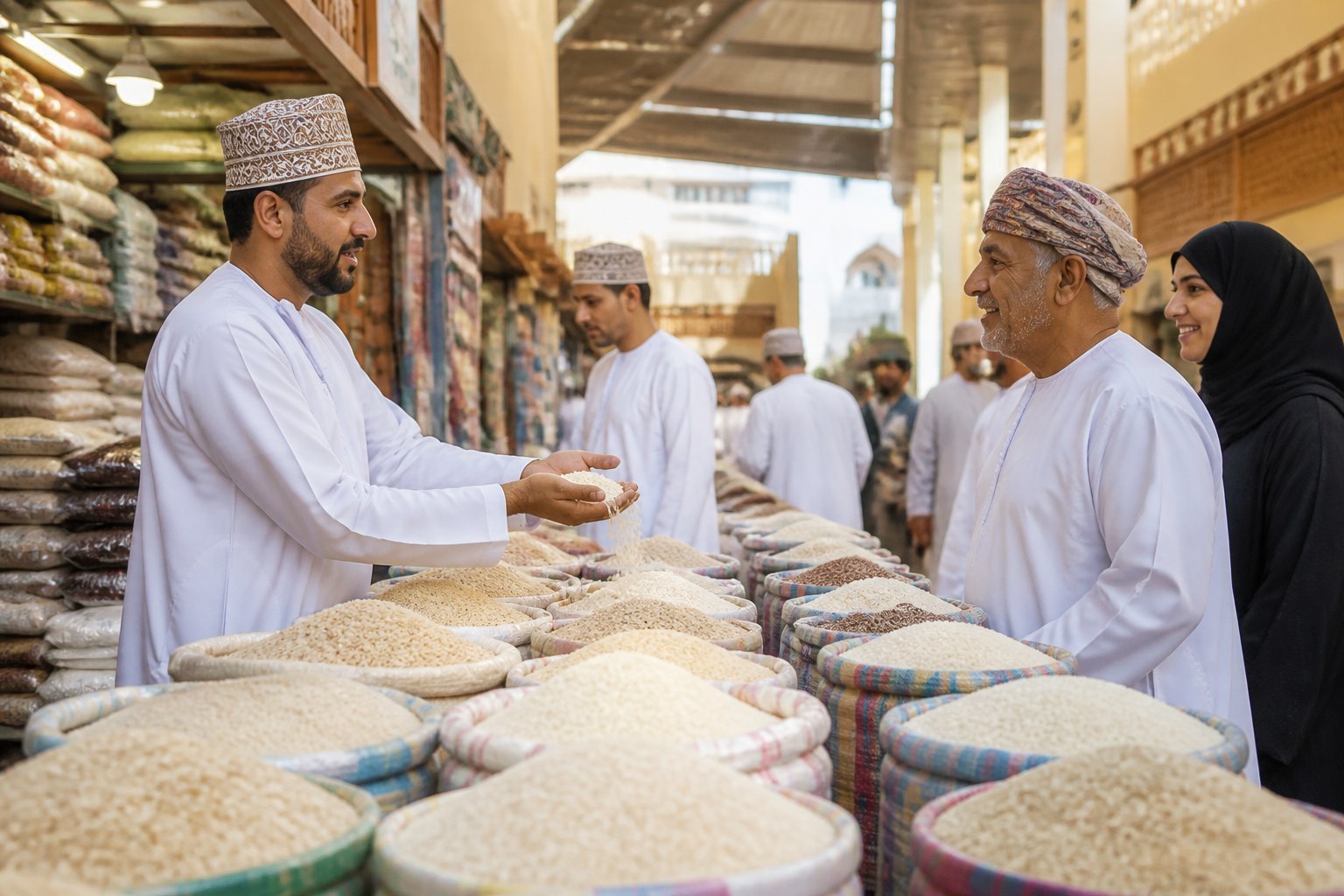 A busy market scene in Oman with vendors selling sacks of rice and customers interacting.