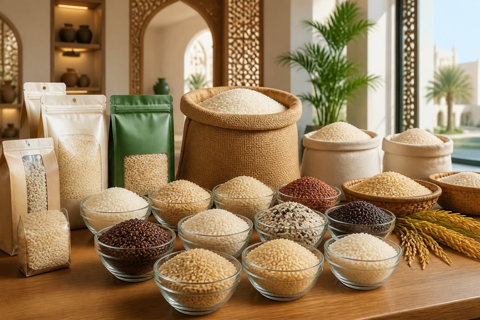 A display of different types of rice grains in glass bowls arranged on a wooden table with various rice product packages around them.