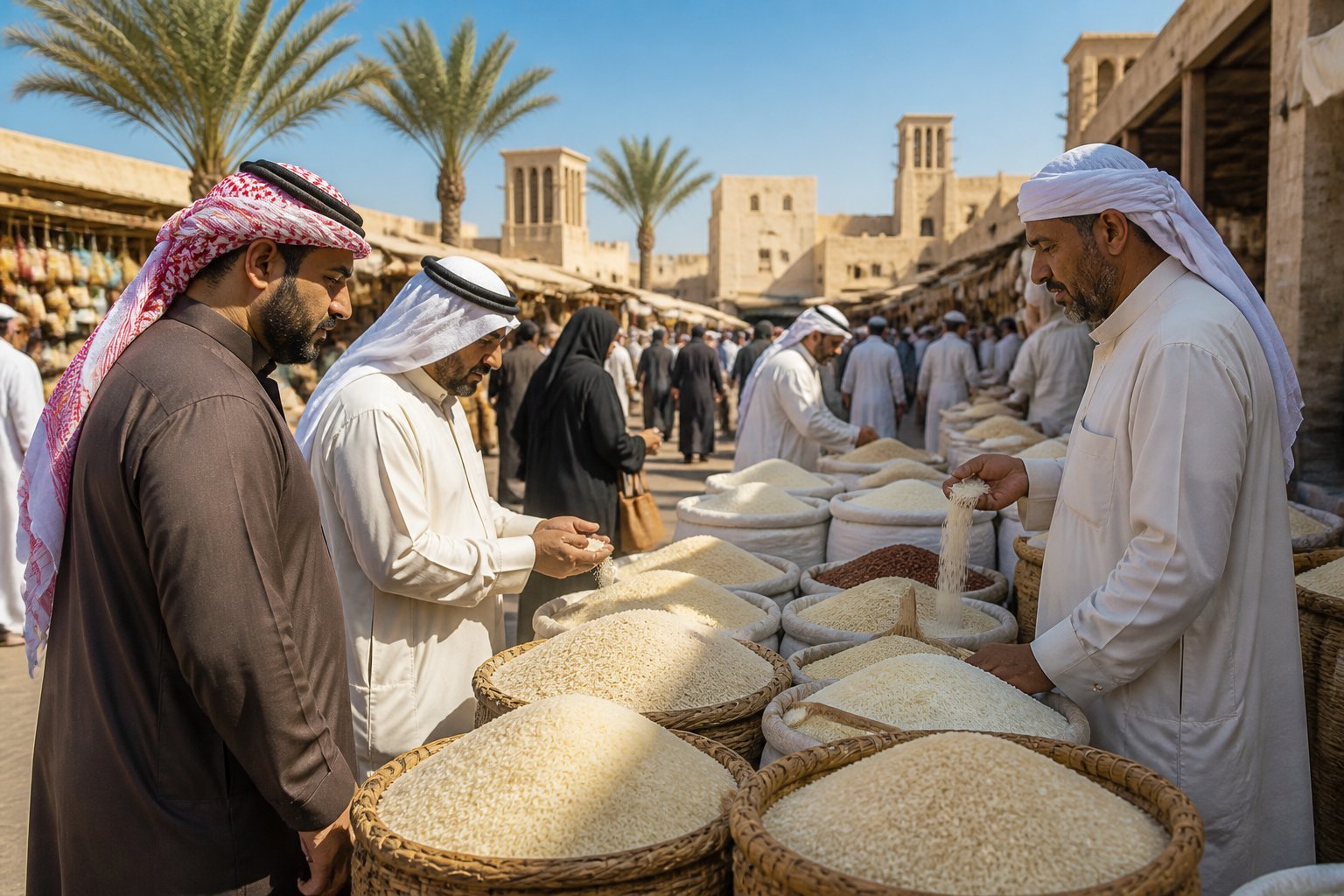 A busy outdoor market in Bahrain with vendors and shoppers around stalls full of rice sacks and baskets.