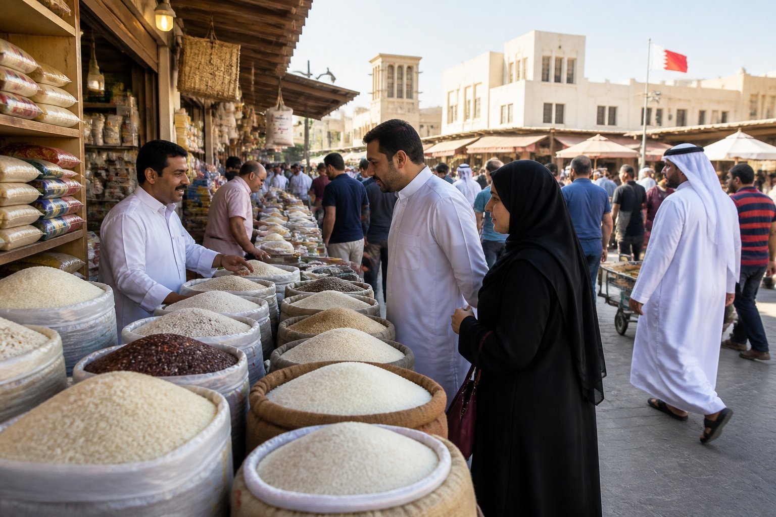 A busy market in Bahrain with vendors and shoppers around sacks of rice and traditional buildings in the background.