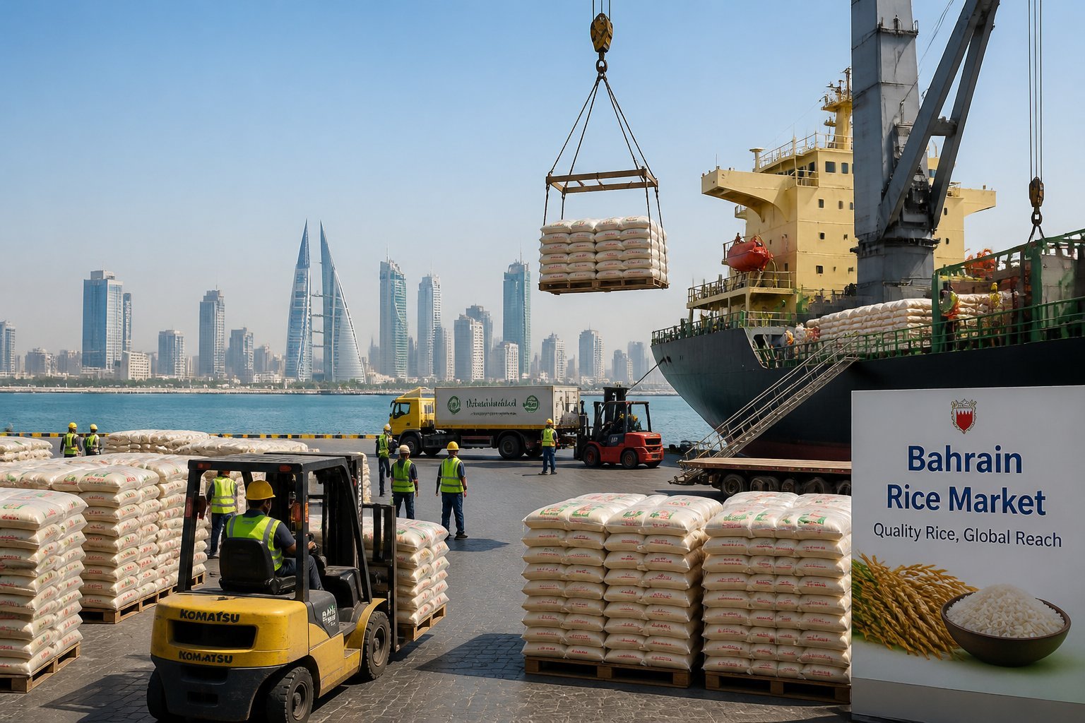 Shipping port in Bahrain with workers loading sacks of rice onto cargo ships, with Manama city skyline in the background.