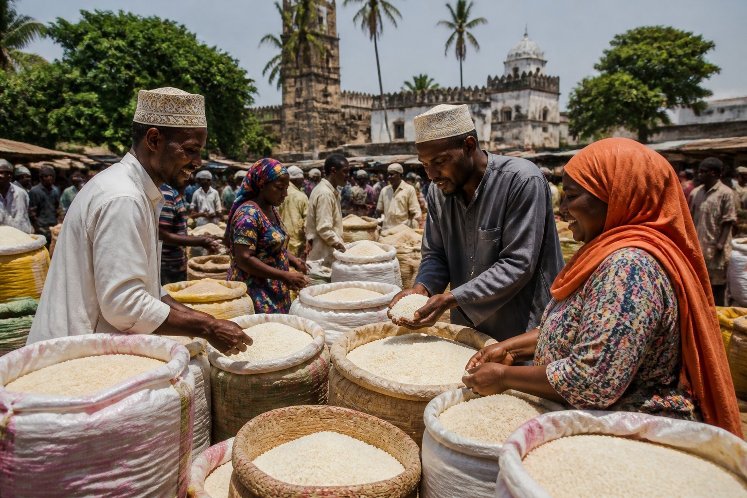 A busy outdoor market in East Africa with traders selling and buying rice in bags and baskets.