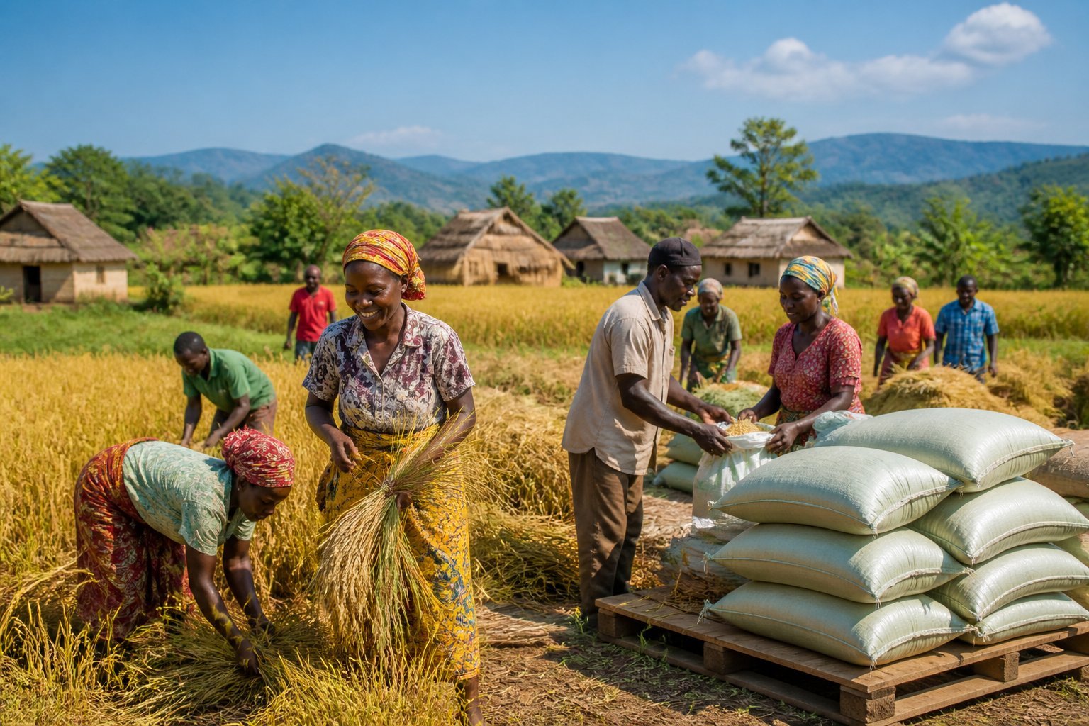Farmers harvesting ripe rice in a lush East African rice paddy field with sacks of rice stacked nearby and rural homes in the background.