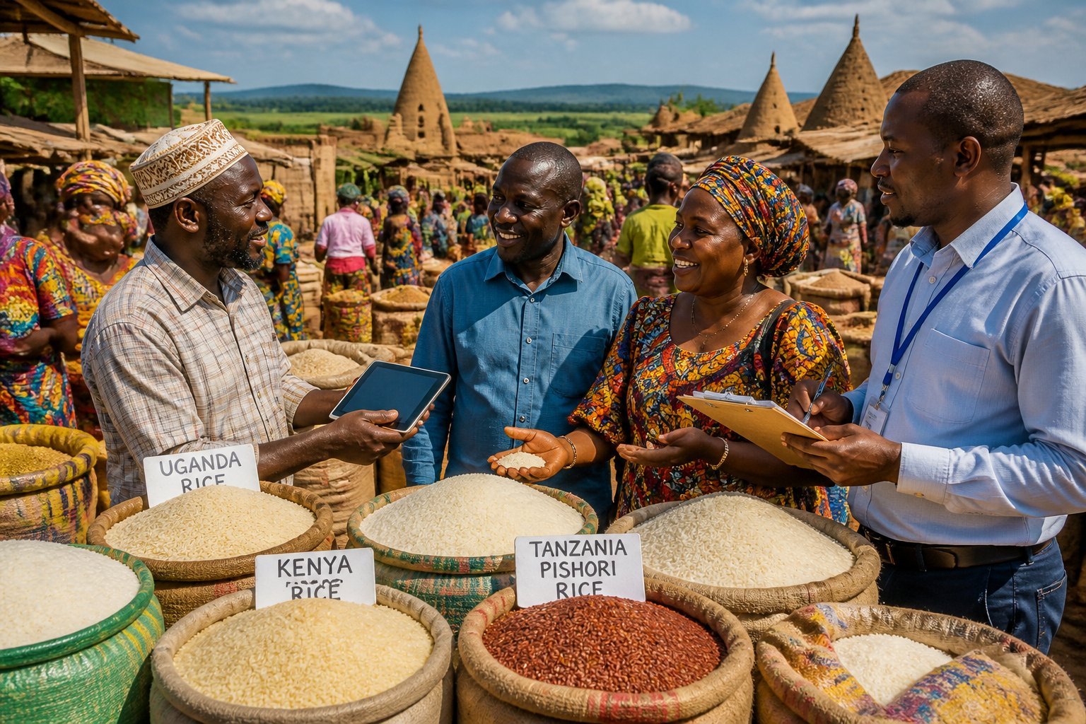 A busy outdoor market in East Africa where people trade rice with rice sacks and paddies visible in the background.