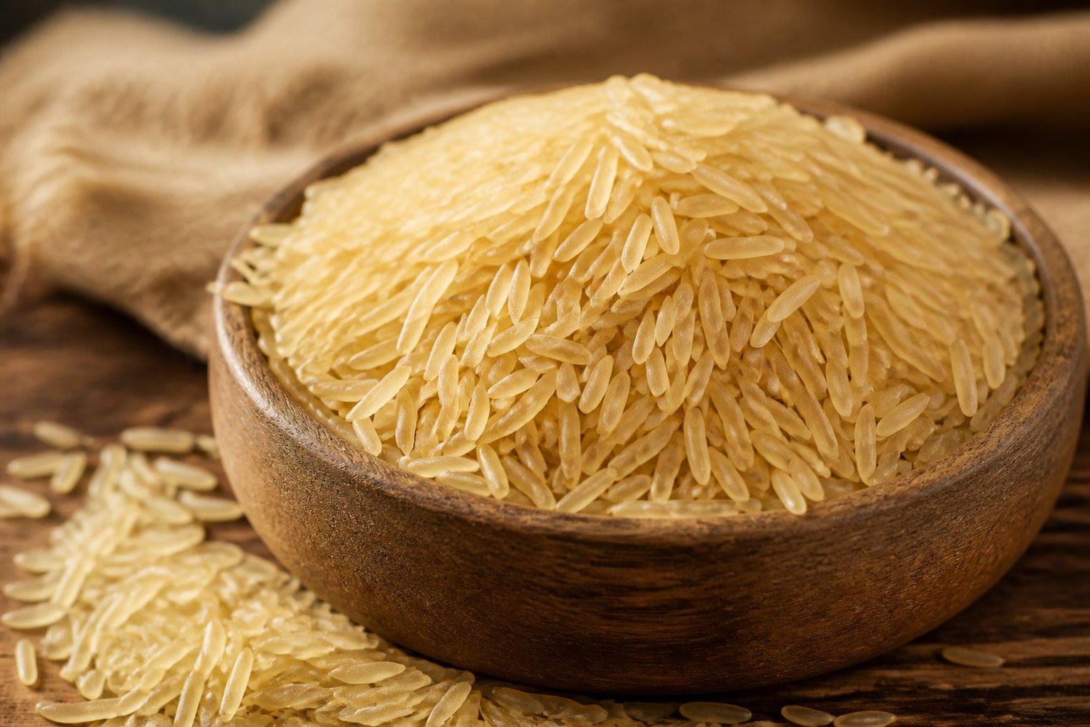 Close-up of golden sella basmati rice grains in a wooden bowl with some grains spilled on a wooden surface.