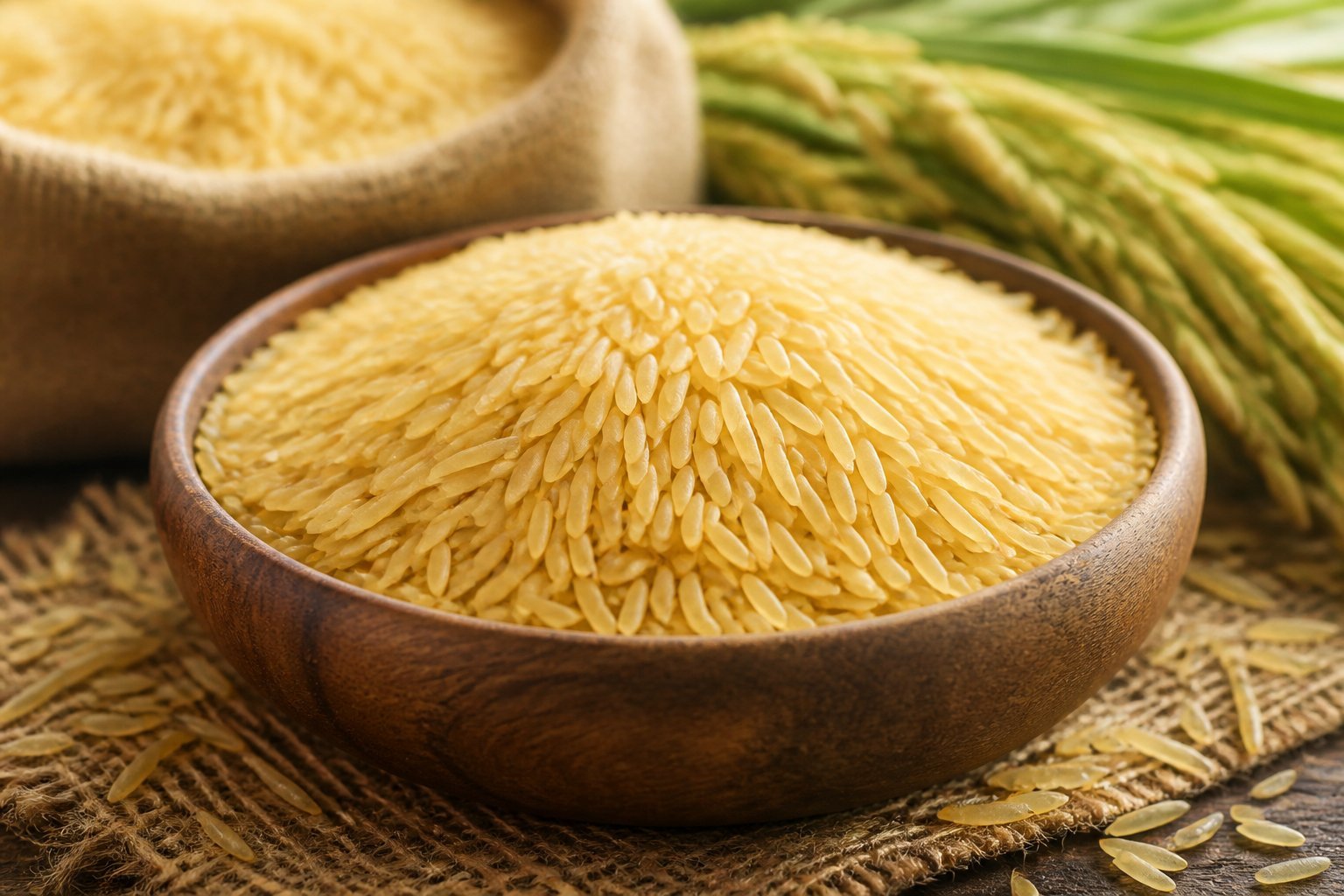 Close-up of golden sella basmati rice grains in a wooden bowl with scattered grains and blurred rice stalks in the background.