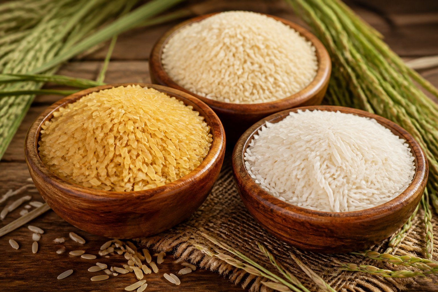 Close-up of three wooden bowls filled with different varieties of rice grains, including golden and white long grains, placed on a wooden surface with some green rice stalks nearby.