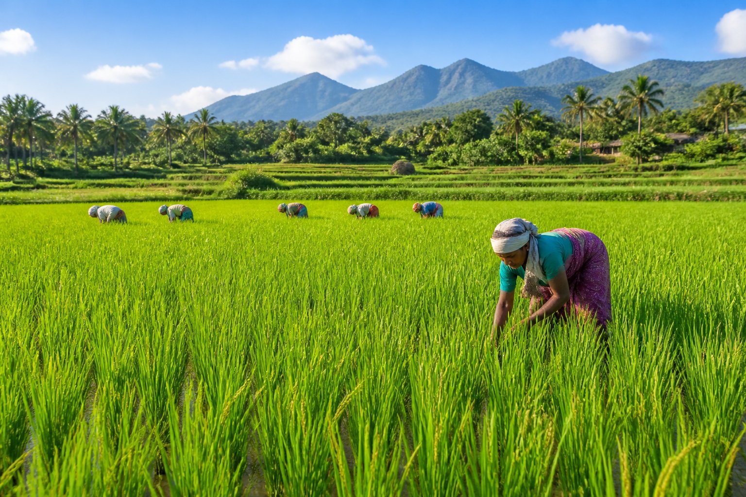 A lush green rice field with farmers working under a clear sky and hills in the background.