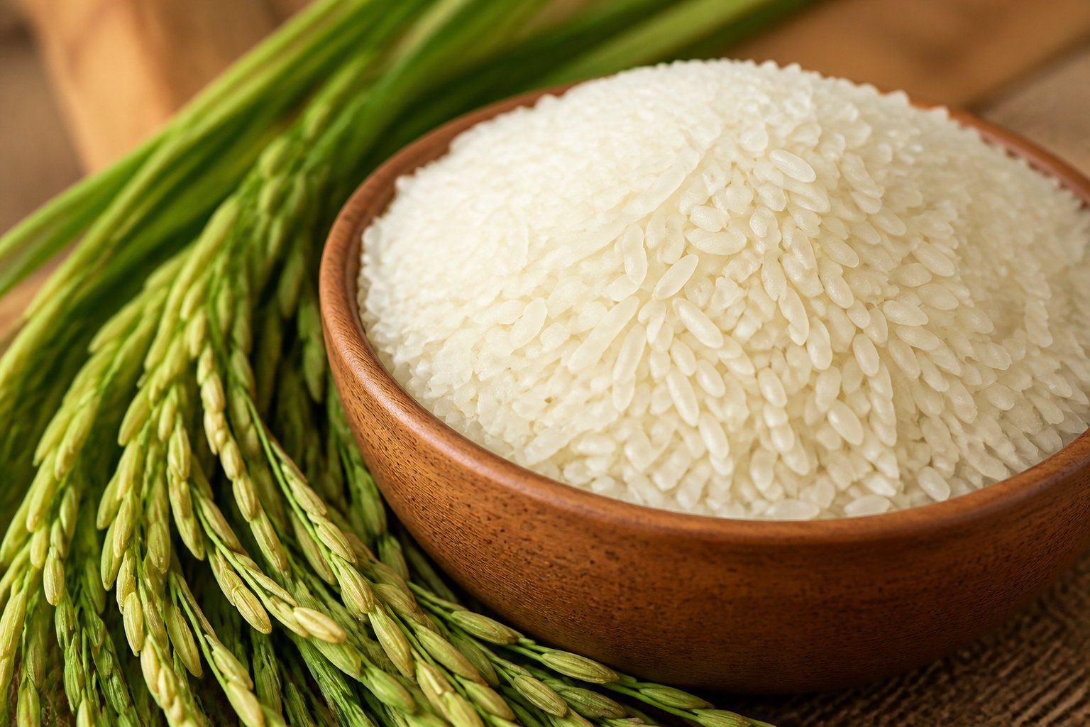 Close-up of sona masoori rice grains in a wooden bowl with green rice stalks in the background.