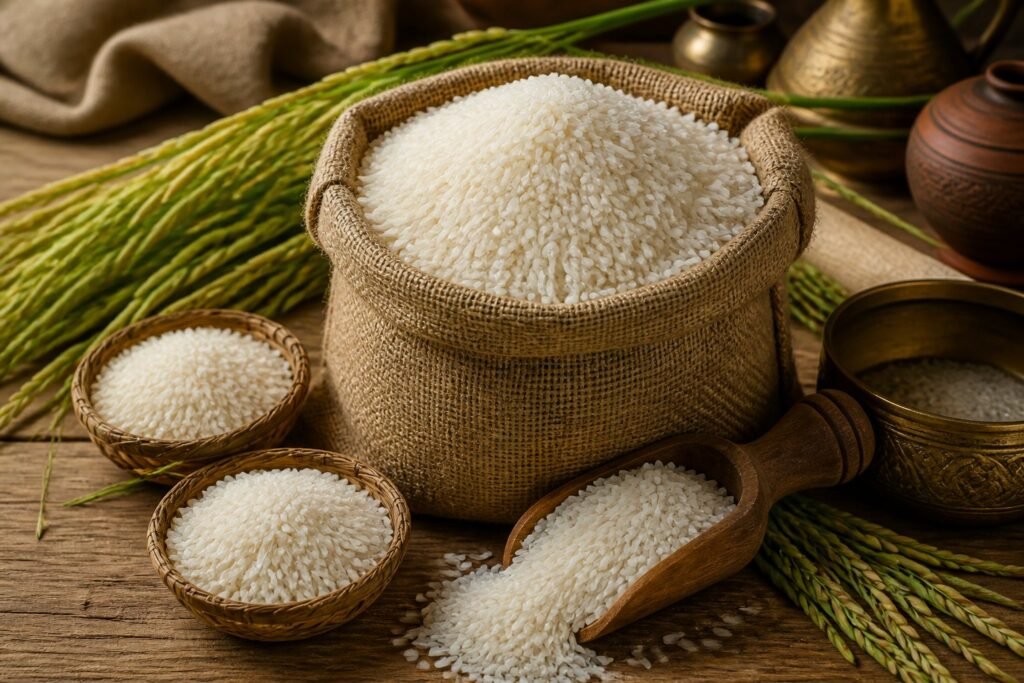 A burlap sack filled with white jasmine rice on a wooden table, surrounded by woven baskets, a wooden scoop, and green rice stalks.