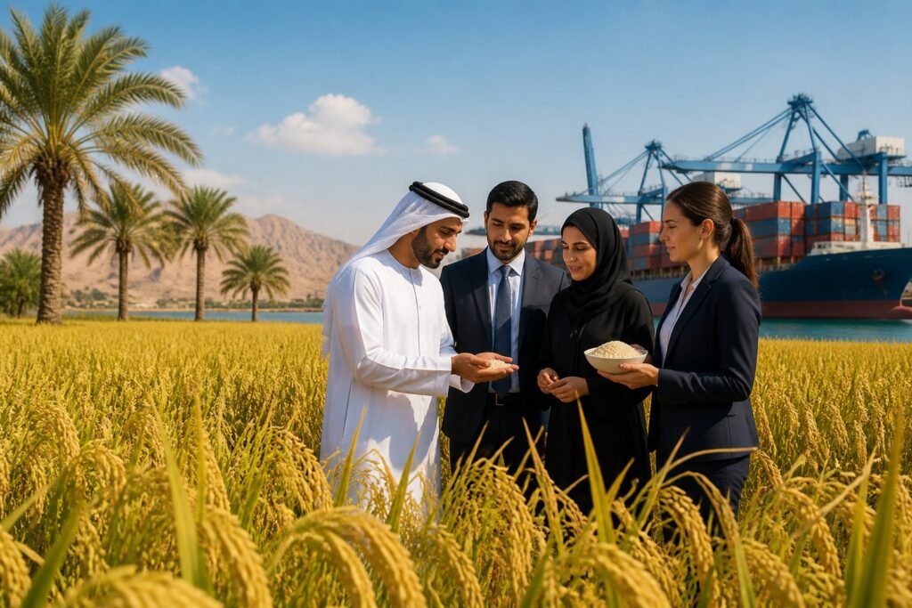 Jasmine rice field near a busy port with cargo ships and professionals inspecting rice samples in a Gulf region setting.