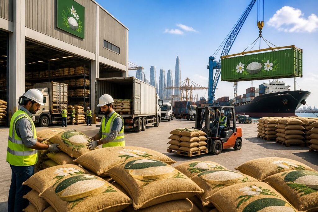 A logistics hub with workers handling sacks of jasmine rice, cargo trucks, forklifts, and shipping containers at a busy port.
