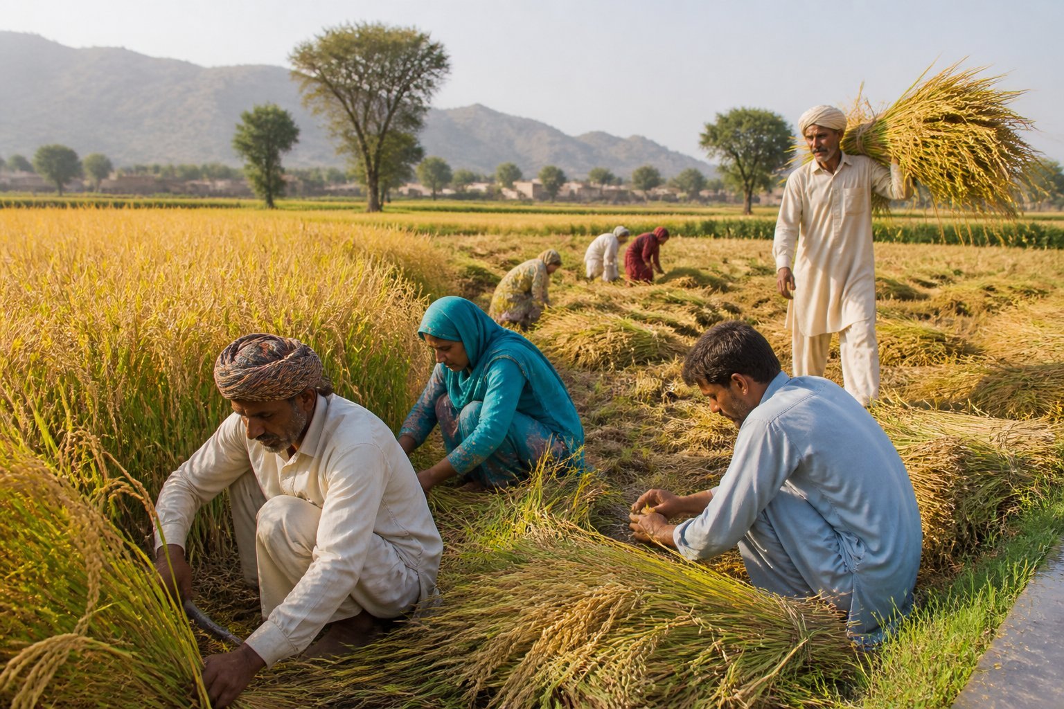 Farm workers harvest golden rice in a rural Pakistani field.