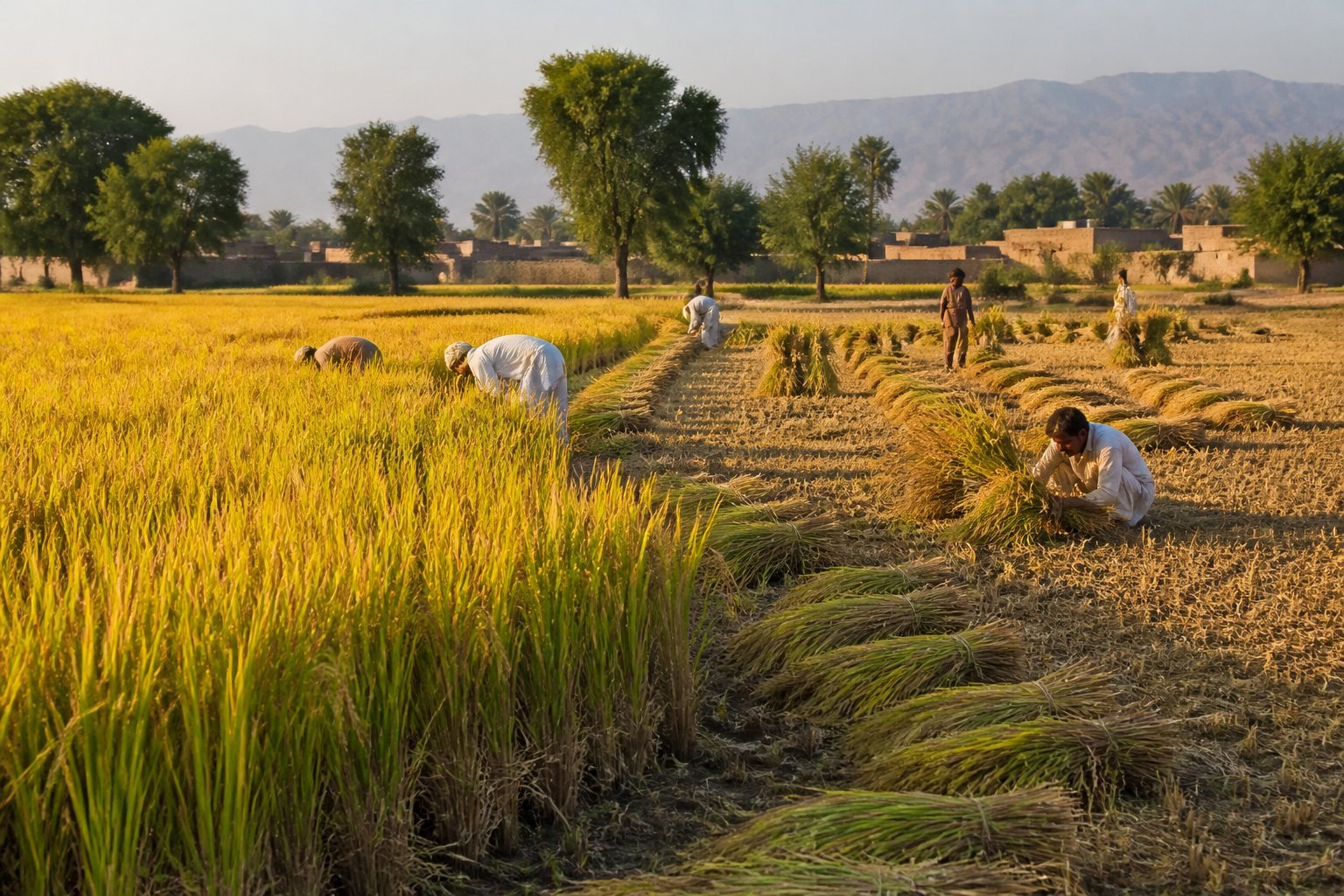 Farmers harvest golden rice in a rural Pakistani field with gathered bundles and cleared rows.
