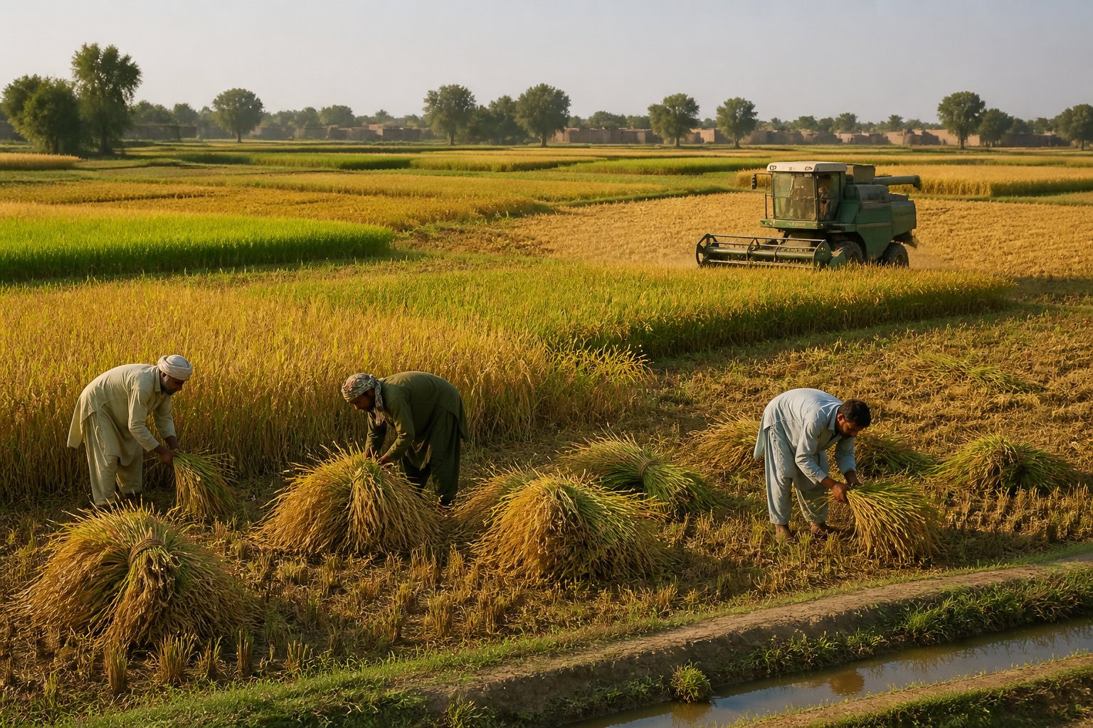 Farm workers harvest mature rice in neighboring fields at different stages of ripeness in rural Pakistan.