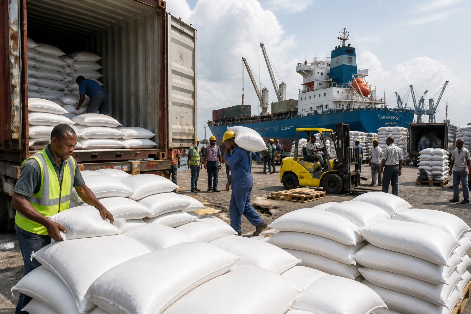 Workers unload and organize imported rice sacks near shipping containers in Kenya.