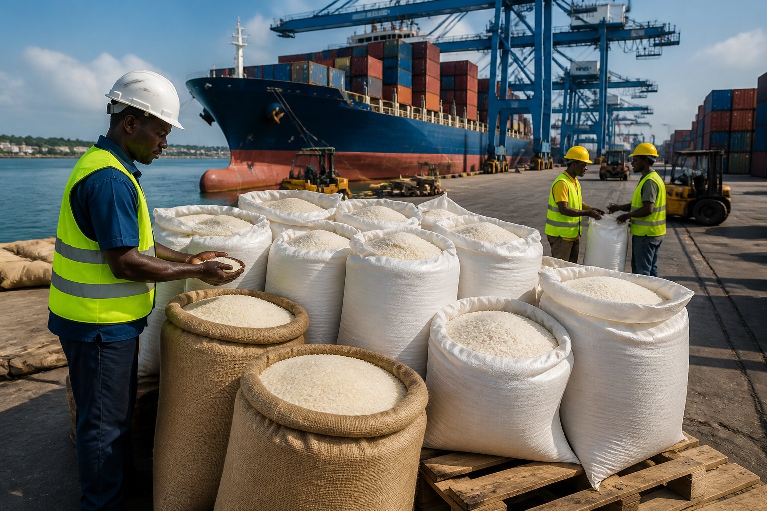 Rice sacks and shipping containers at a commercial seaport in Kenya.