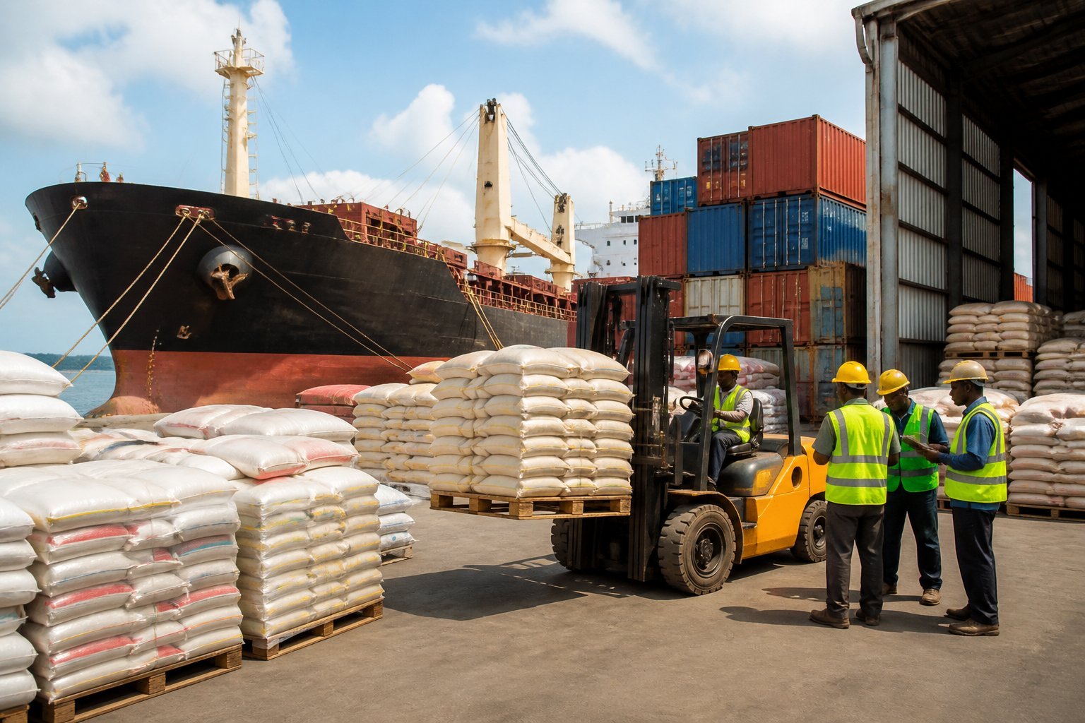 Workers handle imported rice sacks beside shipping containers at the Port of Mombasa.