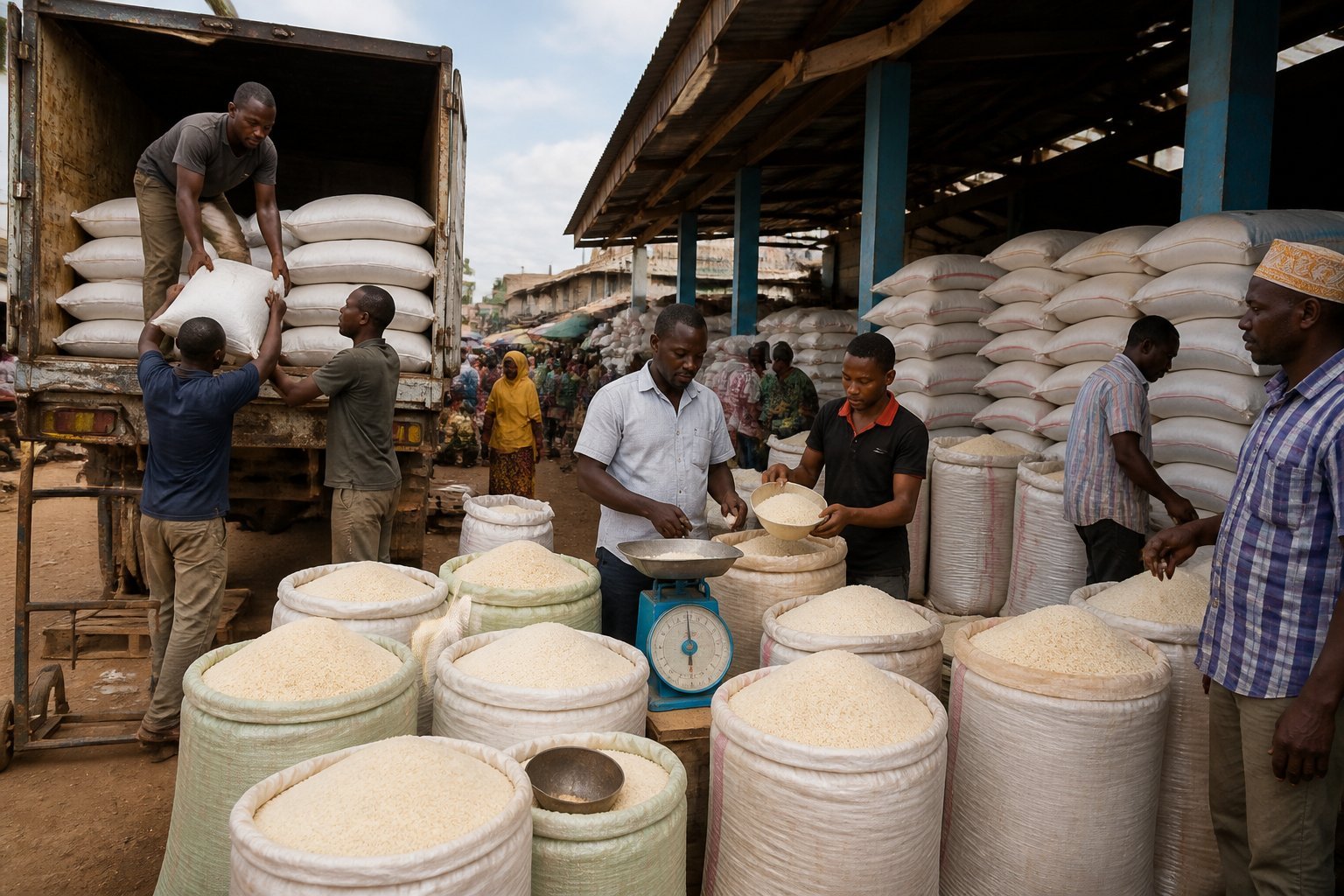 Workers arrange sacks of rice at a busy Tanzanian market.