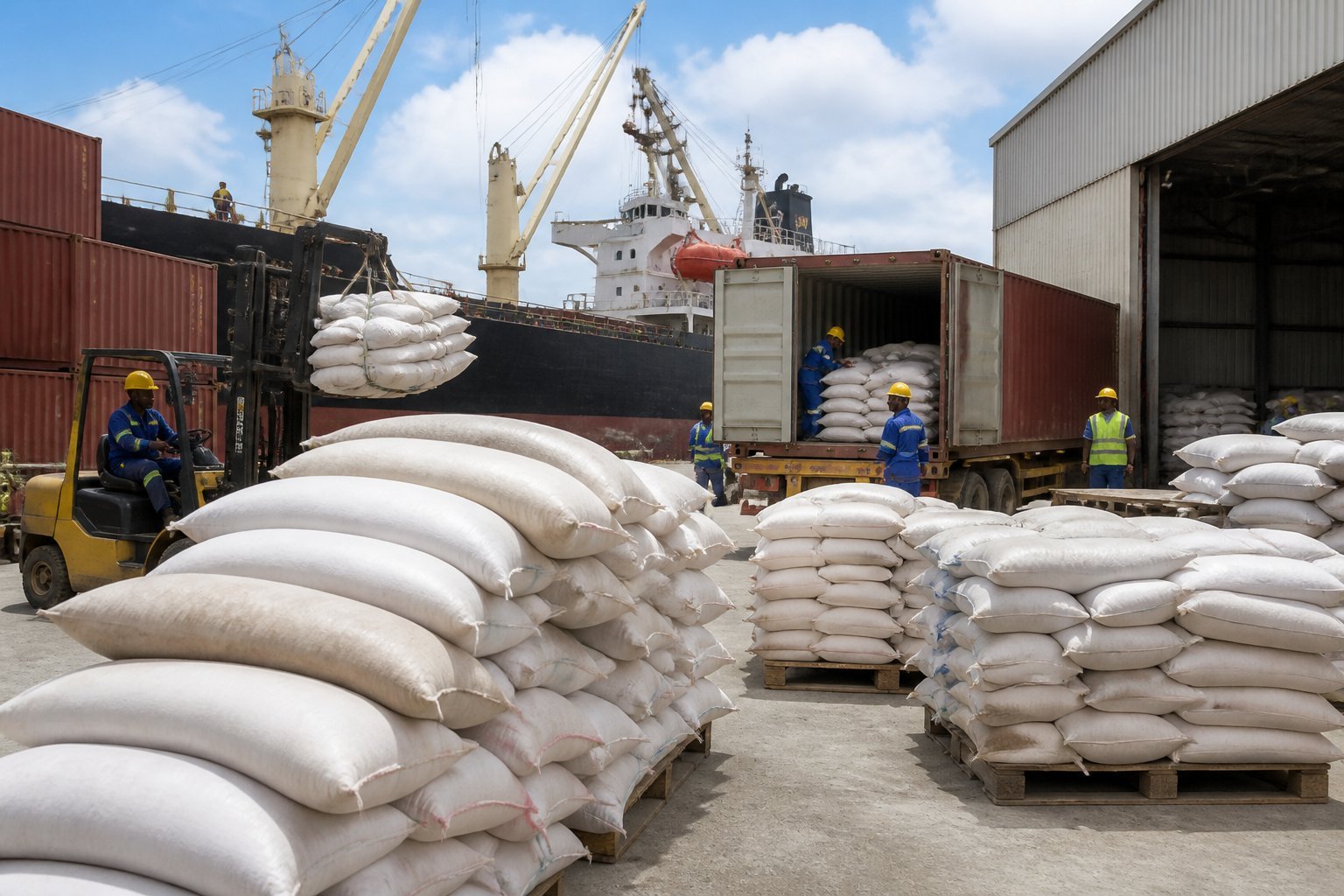 Rice sacks and shipping containers being transferred at a Tanzanian commercial port.