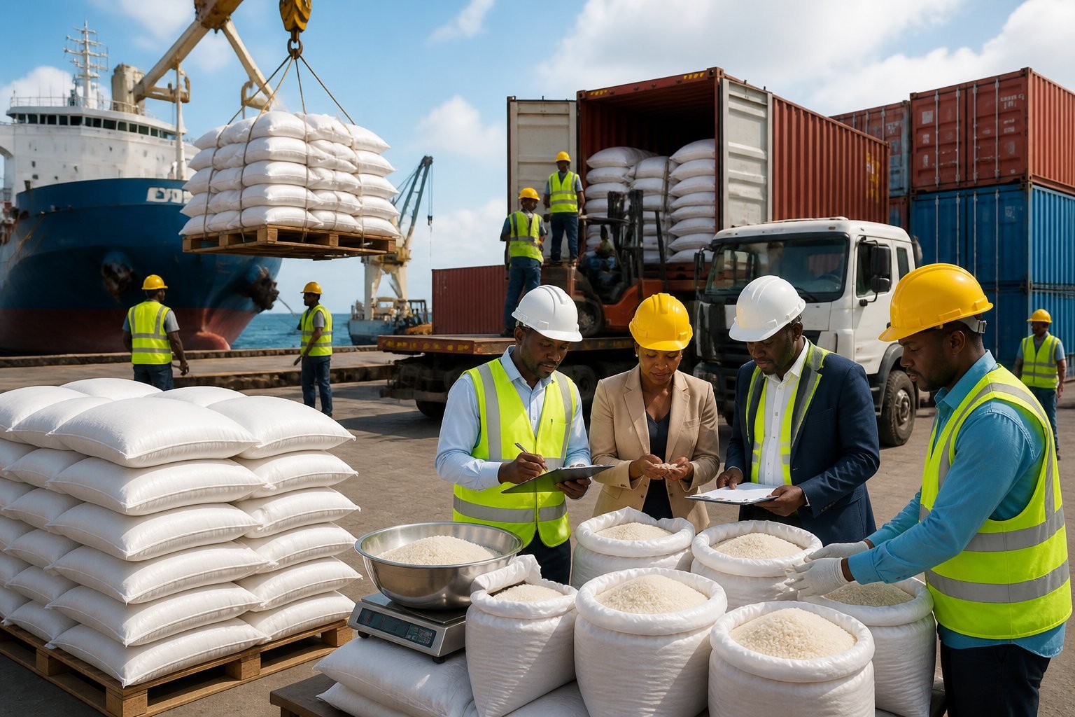 Business professionals inspect imported rice sacks at a port in Tanzania.