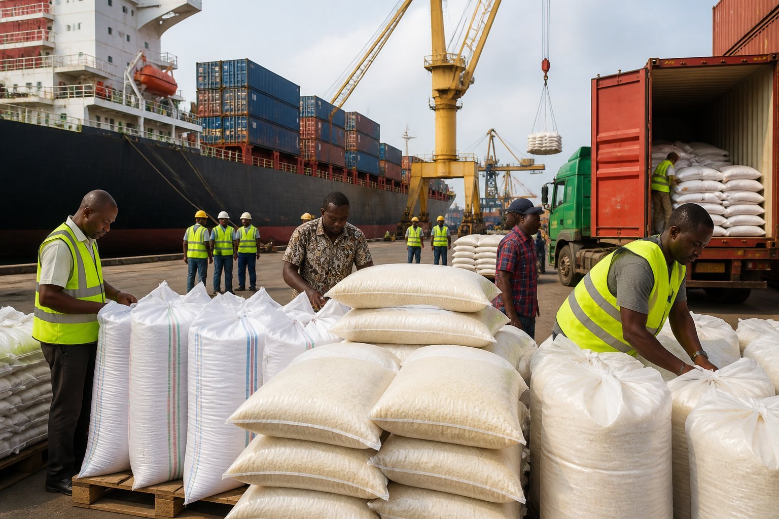 Workers handle imported rice sacks near shipping containers at a Nigerian commercial port.