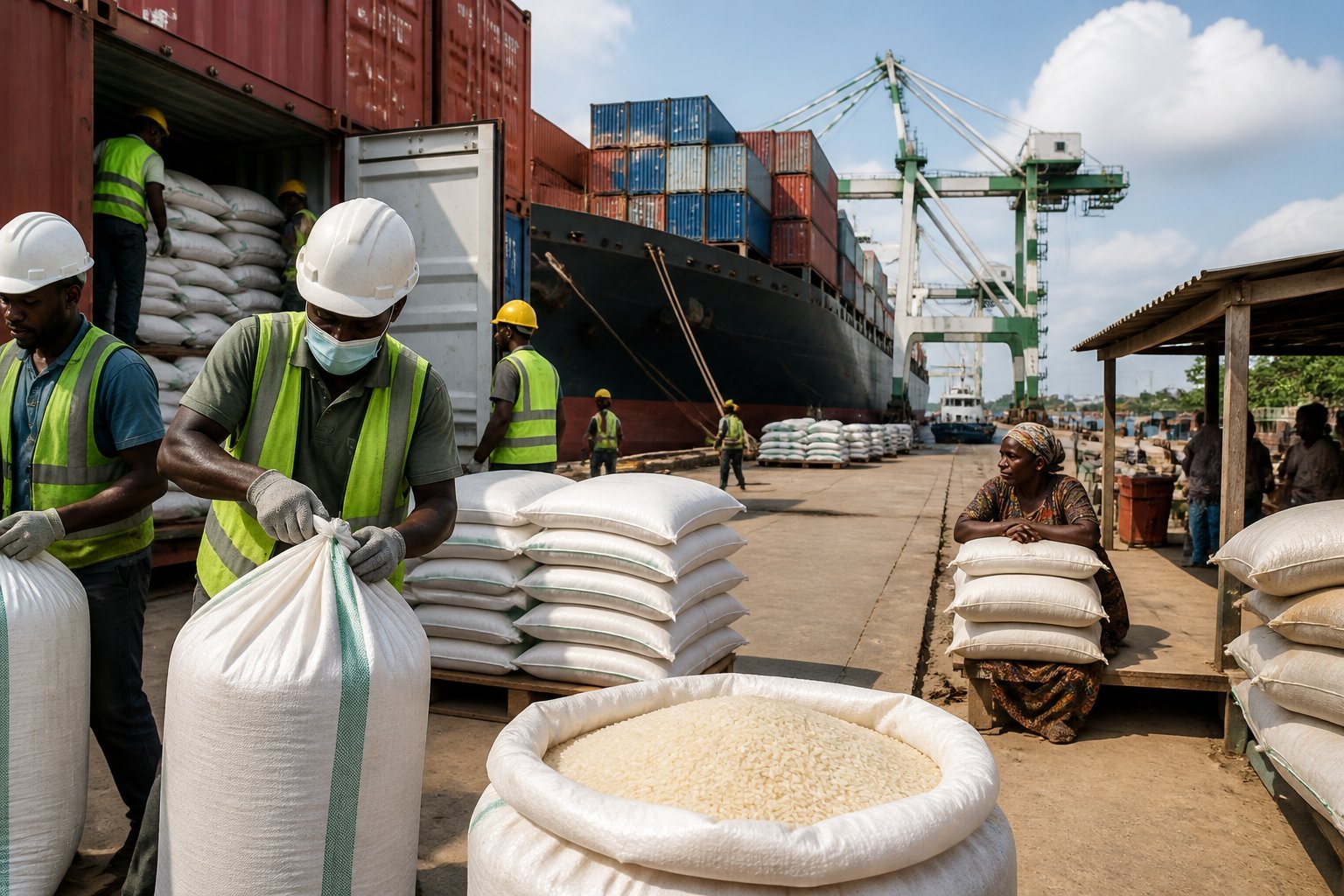 Workers handle imported rice sacks at a busy Nigerian seaport beside stacked cargo containers.