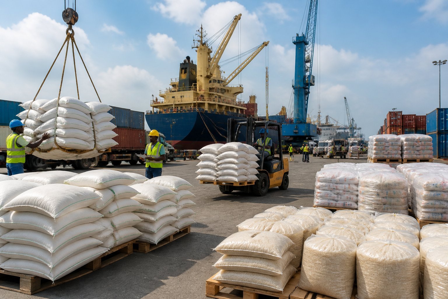 Workers handle imported rice sacks and cargo containers at a Nigerian seaport beside a large vessel.
