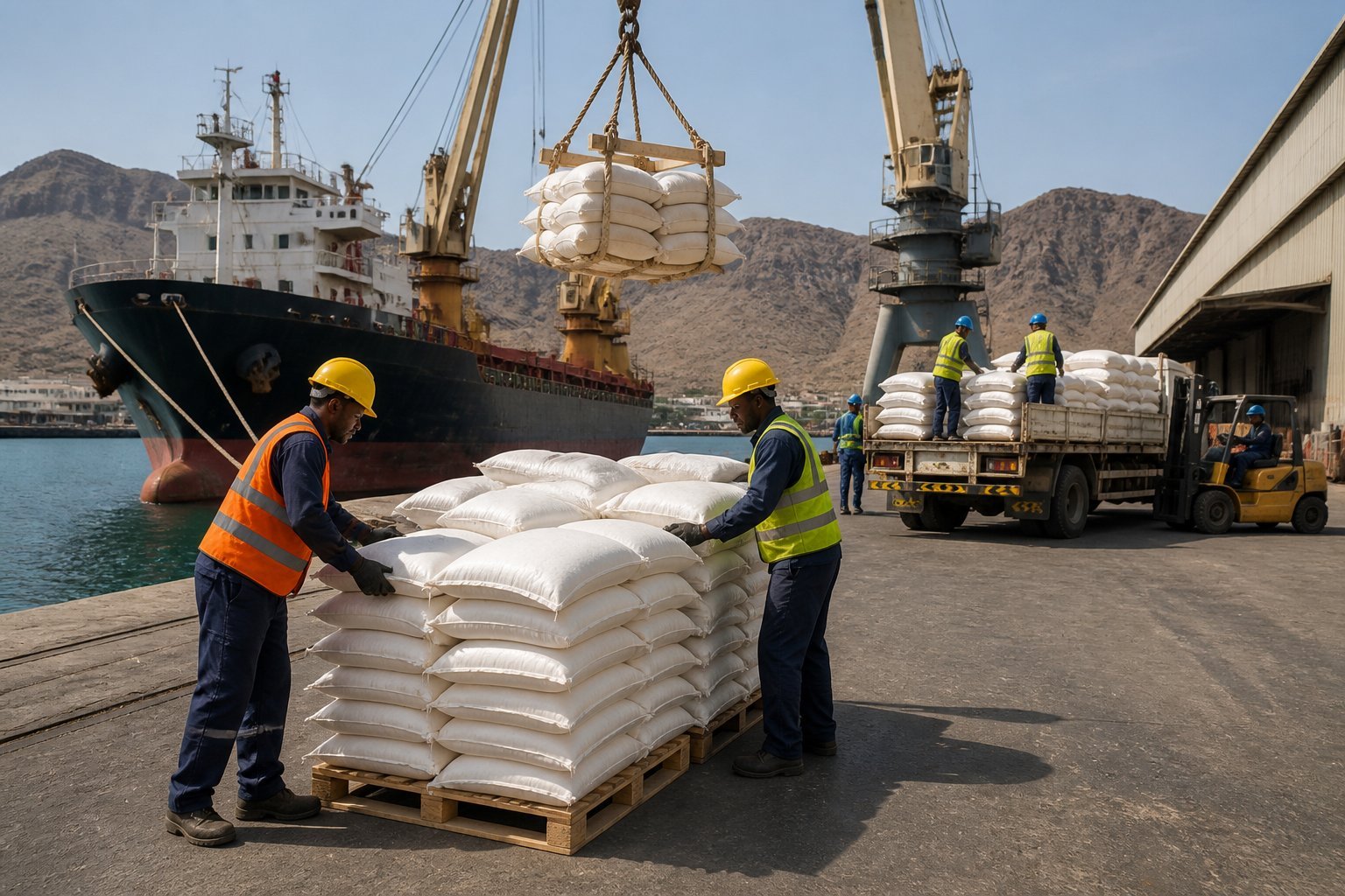 Workers unload sacks of rice from a cargo ship at a Yemeni port.